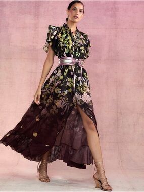 Cynthia Rowley Black Floral Maxi Dress with Pink Belt